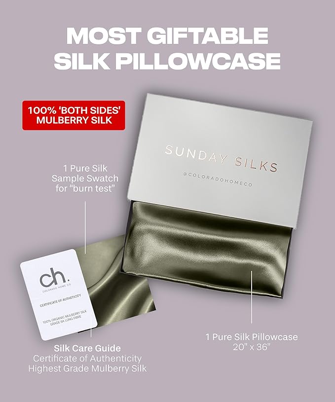 SUNDAYSILKS™ Premium Silk Pillow Cases | 100% Mulberry Silk Pillowcase with Zipper, All Sides Real 22 Momme Grade 6A Silk, Standard Queen, King Size [Olive] - Bloomnest