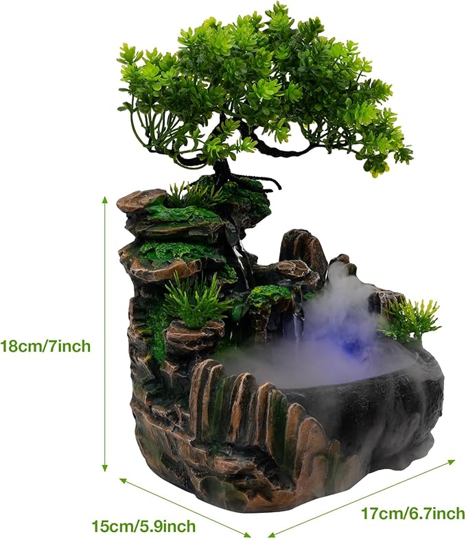Tabletop Water Fountain with LED Lights – Resin Desktop Fountain for Home Office – Mist Humidifier, Relaxing Sound, Color-Changing – Decorative Indoor Garden Feature