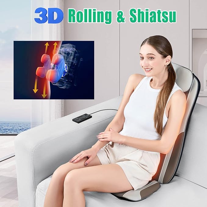Shiatsu Back Massager with Heat, Massage Chair Pad Seat Cushion for Stress Relief, Deep Tissue Kneading & Roller, 2 Vibration Motors, Back Waist Hip Massager, PU Leather, with 2 Adapters - Bloomnest