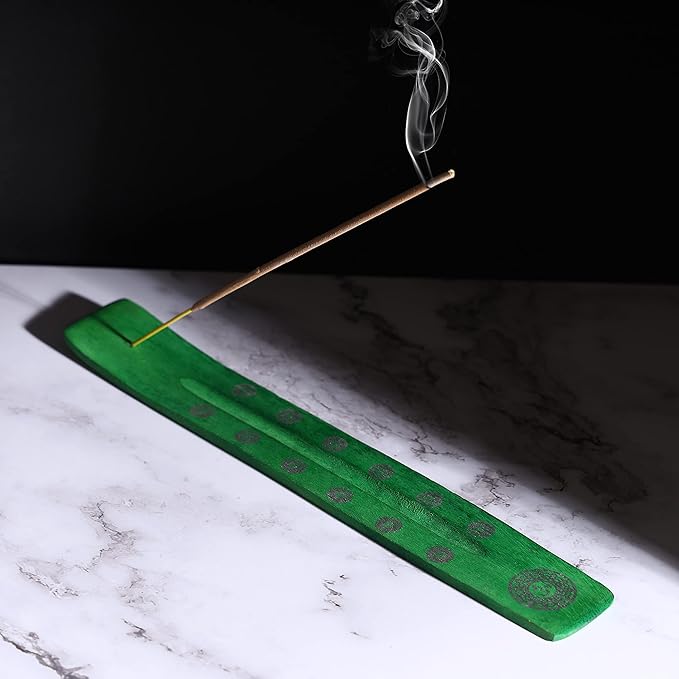 Bless-International Traditional-Handmade-Burner Wooden-Incense-Stick-Holder Ash-Catcher-Stand for-Aromatherapy-Meditation-Yoga (Earth Green) 10 Inches, Pack of 1 - Bloomnest
