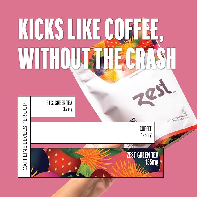 Zest Energy Green Tea - Superberry Samba - High Caffeine Strawberry, Acai, & Passion Fruit Tea - Caffeinated Coffee Altnernative with Antioxidants - Natural, Non-GMO & Keto - 20Ct Pack - 135mg Caf - Bloomnest