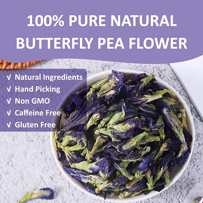 Ovikaso Tea, Butterfly Pea Flower Tea, 3.53 oz (300+ Cups), 100% Natural, Non-GMO, No Caffeine, Brew Hot or Iced tea, Baking, Cocktail, Herbal Tea - Bloomnest