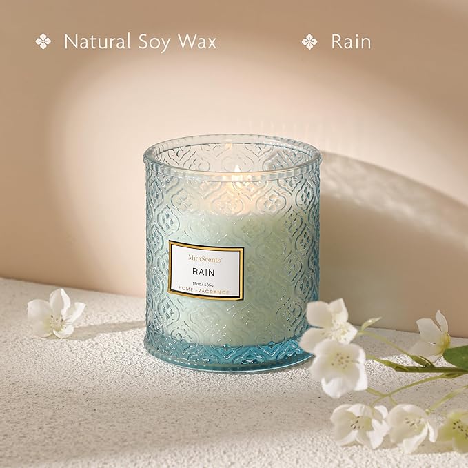 Rain Summer Scented Candles, 19oz Aromatherapy Candles Gifts for Women, Blue Luxury Large Decorative Candles in Glass, Natural Soy Wax for Home - Bloomnest