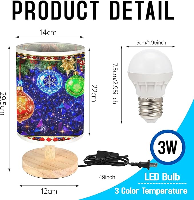 Ornament Xmas Table Lamp LED 3-Color Pressed Bedside for Merry Christmas, Ornament Xmas Shade Christmas Table Lamp with Wood Base for Bedroom Living Room Desk Office - Bloomnest