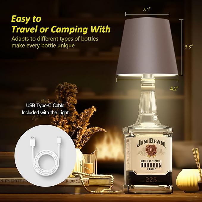 2025 New Wireless Bottle Lamp - LED Bottle Lights for Liquor & Wine Bottles, Cordless Lampshade, Whiskey Bottle Top Light, Bottle Stopper Night Light Kit, Rechargeable 3-Tone Touch-Dimmable - Bloomnest