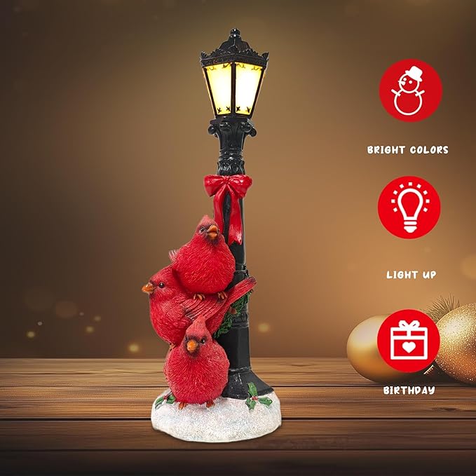Christmas Red Bird Statue for Holiday Decor, Resin Cardinal Figurine with LED Lamppost, Indoor Glowing Lamppost, 14.57'' Resin Cardinal Christmas Decoration - Bloomnest