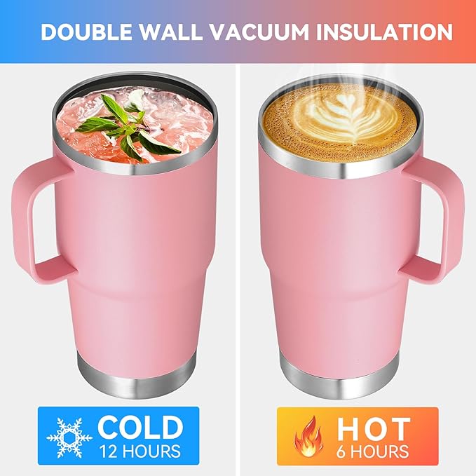 VEGOND 20 oz Tumbler with Handle Lid and Straw, Stainless Steel Insulated Travel Coffee Mug Spill Proof Double Wall Metal Tumbler Cup Keeps Drink Hot and Cold, Pink 1 Pack - Bloomnest