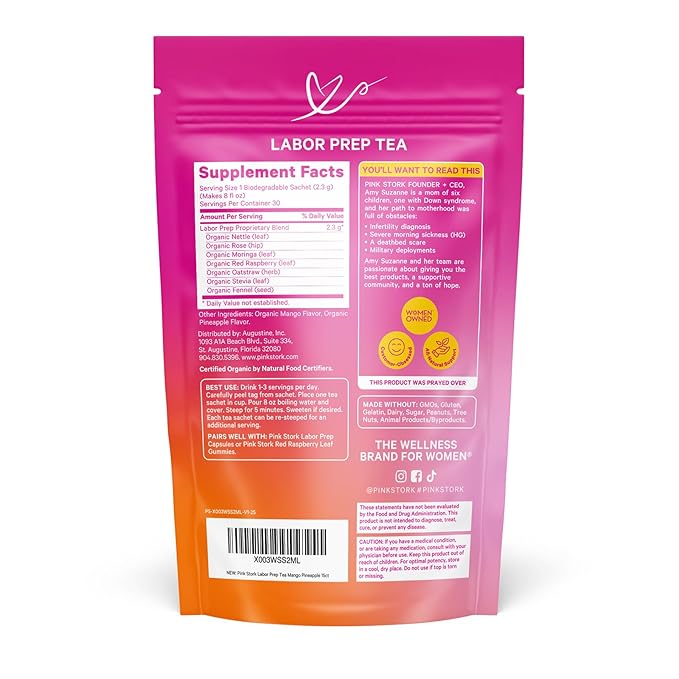 Pink Stork Organic Red Raspberry Leaf Labor Prep Tea - Mango-Pineapple with Nettle, and Moringa - Third Trimester Pregnancy Tea - Labor and Delivery Essentials for Women, 30 Cups - Bloomnest