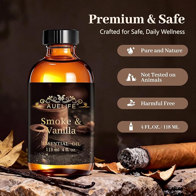 Auelife 4oz Smoke & Vanilla Men Essential Oils for Diffusers for Home - Long Lasting Fragrance Oil for Candle & Soap Making, Father's Day Gifts for Him - Masculine Scented Oil for Men Gift, 118ml Auelife