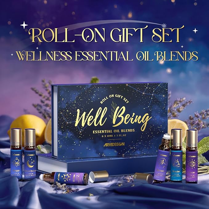 ARVIDSSON Essential Oils Roll On Set, Natural Self Care Essential Oil Blends Gift for Women - Sweet Dream, Unwind, Breahte, Balance, Focus, Happy, Aromatherapy Oil Roller for Body, Massage ARVIDSSON