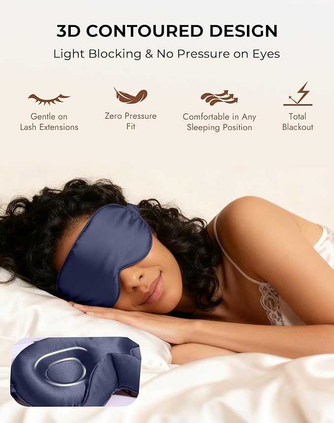 SilkSilky 100% 22 Momme Mulberry Silk Sleep Mask – Upgraded 3D Contoured Eye Mask with Nose Wing Pads & Adjustable Strap, Luxury Blackout Eye Cover for Women & Men (Dark Blue) - Bloomnest