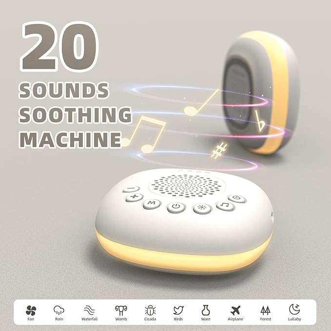 White Noise Sound Machine, Portable Sound Machine for Sleep Baby, Kids & Adults, 20 Travel Soothing Sounds Brown/Pink Noise/Lullaby, Rechargeable, Timer, Memory & Night Light for Home, Nursery