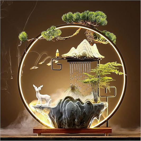 Deer Tabletop Water Fountains Indoor Waterfall with LED Light Zen Decor for Meditation with Mist Japanese Decor with Fake Plants Feng Shui Decor for Good Luck Wealth - Bloomnest