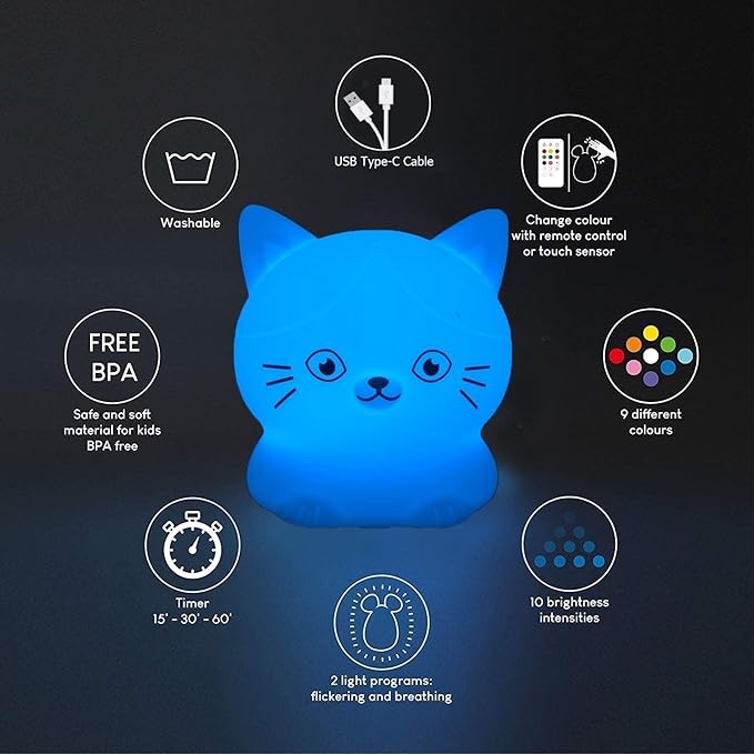 Cat Night Lights Children's Room Lighting, Toddler Bedroom Sleep Lights Bedside lamp - 9 Colors Lamps Room Decor for Toddlers/Boys/Girls/Adults/Bedroom/Bathroom/Outdoor/Camping - Medium - Bloomnest