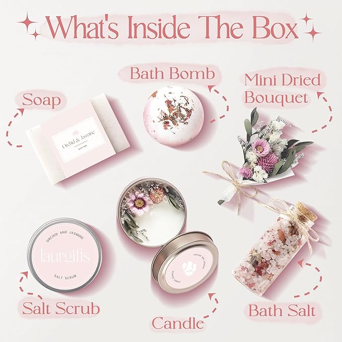 Birthday Gifts for Women – Luxury Candle Set & Bath Sets Spa Basket, Small Orchid & Jasmine Self Care Box, Valentine’s Basket for Her, Romantic Birthday Box for Mom, Wife or Friend - Bloomnest