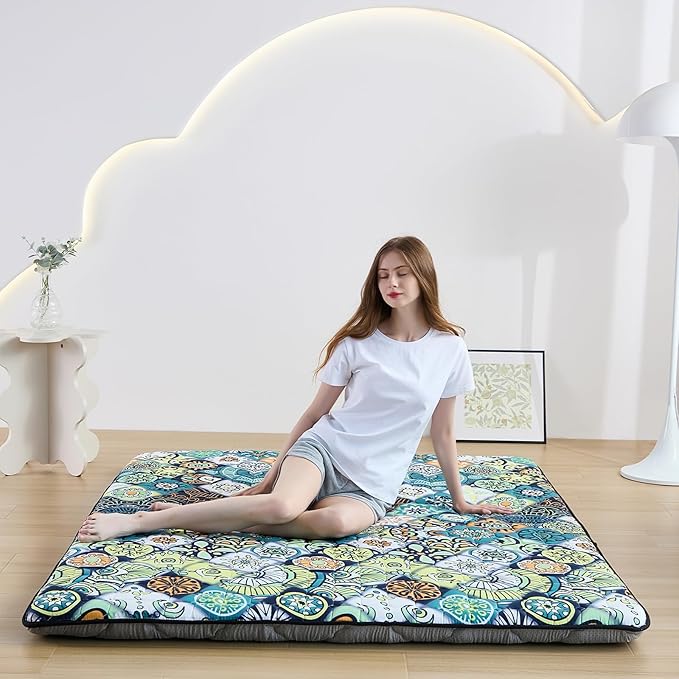 Japanese Floor Mattress Twin, Anti-Slip Japanese Futon Foldable Tatami Mat for Guests, Boho Green Checkered - Bloomnest