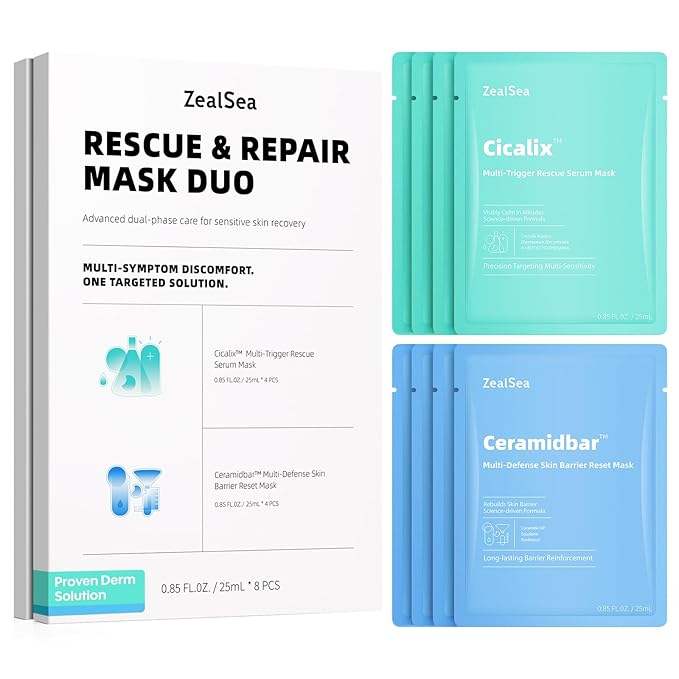 ZealSea Cicalix & Ceramidbar Face Masks Skincare Set, Derm Solution Sheet Mask for Multi-Trigger Sensitivity, Soothing & Calming, Strengthen & Restore Skin, Facial Mask with Cica & Ceramide, 16 Pack - Bloomnest