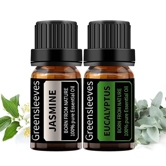 GREENSLEEVES Jasmine Eucalyptus Essential Oil Set, 2 x 10ml Pure Plant-Based Fragrance Oil for Aromatherapy, Essential Oils for Diffuser, Massage, Bath Bomb, Scented Candle Soap Making GREENSLEEVES