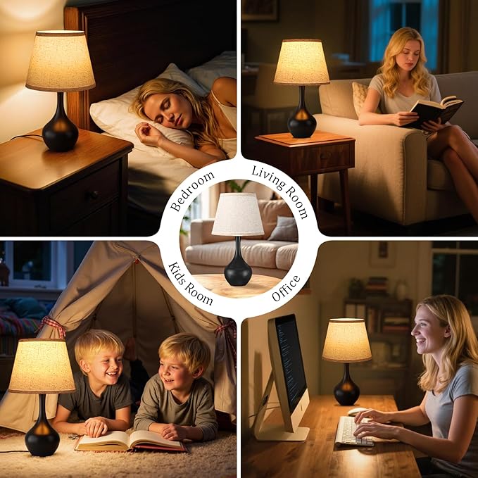 Seealle Touch Table Lamps for Bedroom Set of 2,3-Way Dimmable Small Bedside Lamps for Night Stands with Wires, Black Desk Lamps for Kids Room,Office,Living Room, End Table(LED Bulbs Included) - Bloomnest