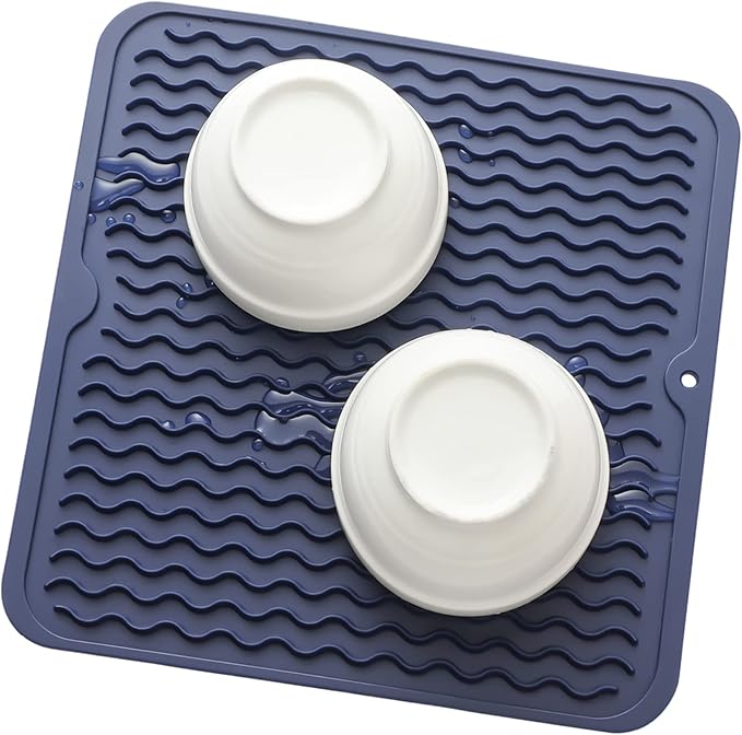 Silicone Dish Drying Mat for Multiple Usage,Easy clean,Eco-friendly,Heat-resistant Silicone Mat for Kitchen Counter or Sink,Refrigerator or Drawer liner Navy Blue M 12 inches x 12 inches - Bloomnest