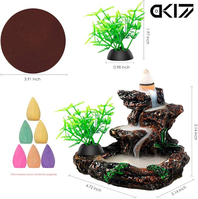 DK177 Incense Holder Waterfall Incense Burner Ceramic Backflow Zen Incense Fountain Machine Diffuser Burner Cone Holder for Spiritual Aromatherapy Gifts Set Home Decor with 20 Cones