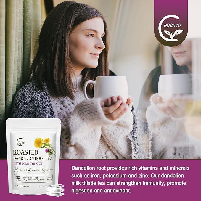 Organic Roasted Dandelion Root Tea with Milk Thistle Tea - Supports Kidney Function and Liver Function, 30 Tea Bags - Bloomnest