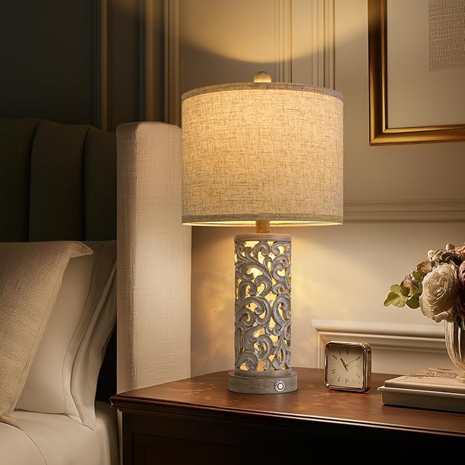 22" Farmhouse Table Lamp,Dual Light Touch Lamp with 3-Level Dimming,Lamps for Bedroom with USB A+C Charging Ports,Lamps for Living Room - Bloomnest