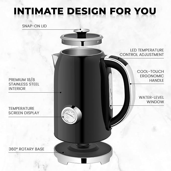 SUSTEAS Electric Kettle Temperature Control - 57oz Hot Water Boiler with Thermometer, 1500W Fast Heating Stainless Steel Tea Kettles, Cordless LED Indicator, Auto Shut-Off & Boil Dry Protection,Black - Bloomnest