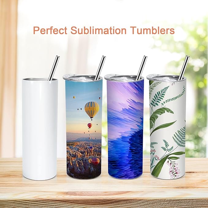 AGH 10 Pack Sublimation Tumblers Blank with Colorful Lids and Metal Straw, 20 OZ Straight Skinny Tumbler with Straw, Stainless Steel Double Wall Insulated Cups for Tumbler Press Machine - Bloomnest
