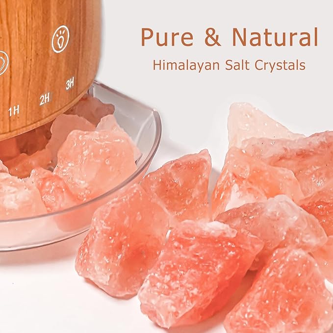 Ultrasonic Essential Oil Diffuser with Himalayan Salt Rock,Flame Diffuser with 2 Color Light,Small Aromatherapy Oil Diffuser with Auto Off Function for Home, Office,Spa,100ML,Wooden Grain - Bloomnest