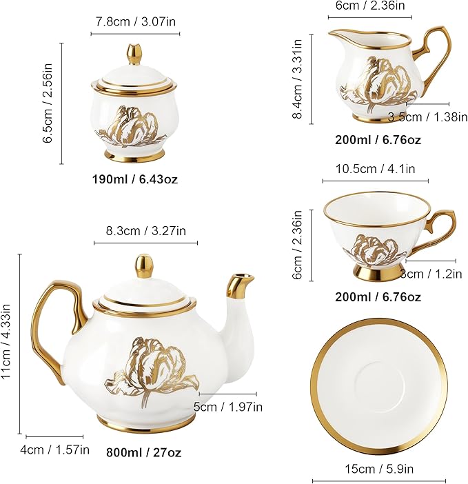 fanquare 21 Pieces British Porcelain Tea Set, Gold Tulip Tea Service for Afternoon Tea Party, 6 Teacup and Saucers for Coffee Home Wedding Birthday - Bloomnest