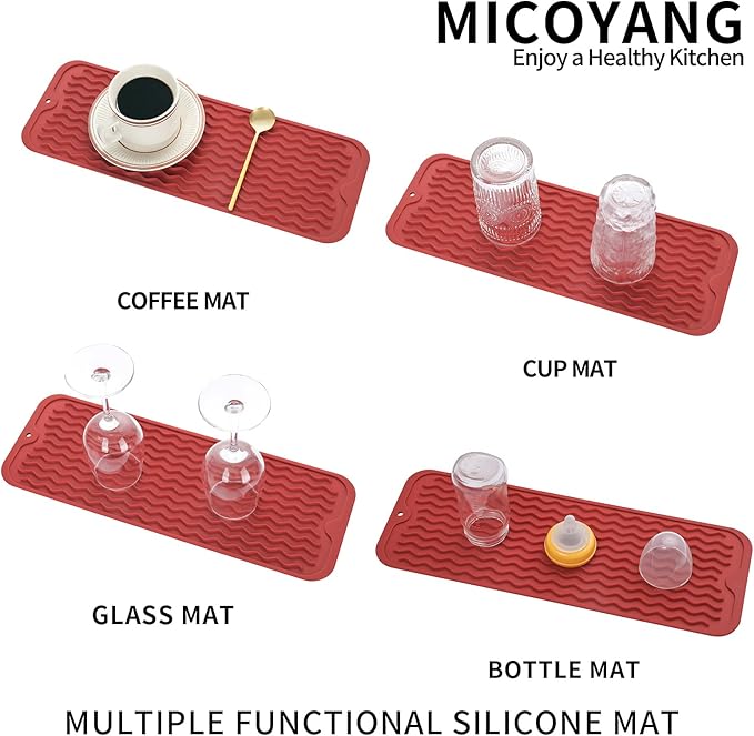 Silicone Dish Drying Mat for Multiple Usage,Easy clean,Eco-friendly,Heat-resistant Silicone Mat for Kitchen Counter,Sink,Bar,Bottle,or Cup Red M 17 inches x 6 inches - Bloomnest