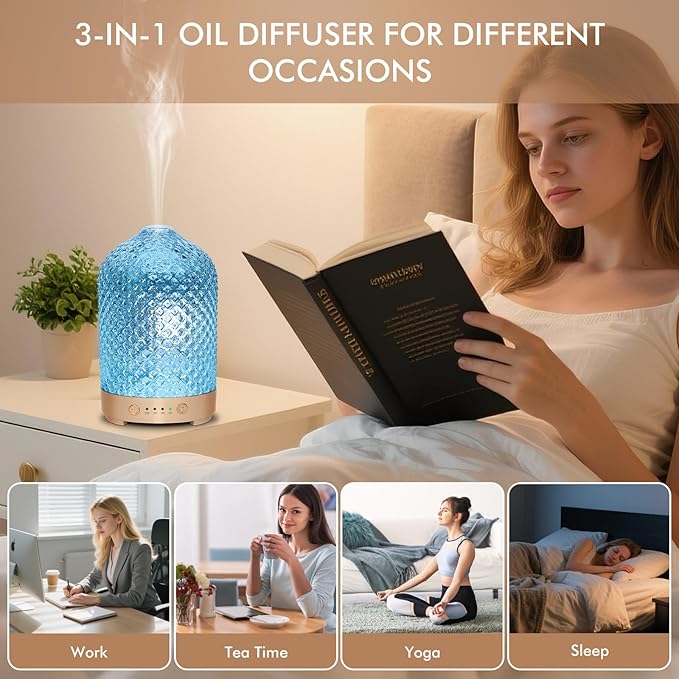 Essential Oil Diffuser 200ml-Ultrasonic Aroma Diffuser with 4 Timers, Aromatherapy Diffuser 7 Color LED Lights Auto Shut-Off Protection for Home Office (Diamond-Glass) EQUSUPRO