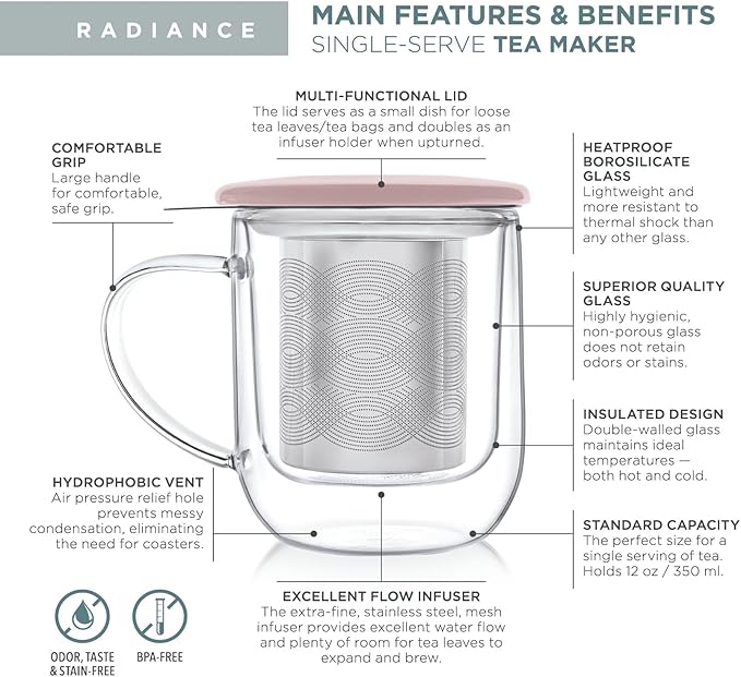 Teabloom Tea-For-One Steeping Mug – Insulated Double Wall Glass Mug (12 oz), Stainless Steel Infuser, Porcelain Lid/Coaster – Great For Brewing Loose Leaf Tea - Bloomnest