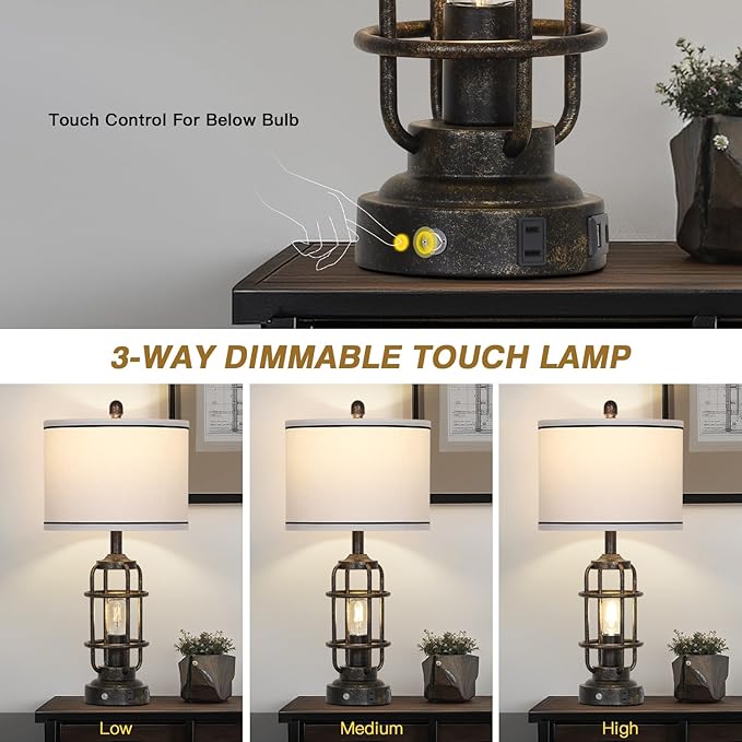 26" Vintage Industrial Table Lamps Set of 2, Farmhouse 3 Way Dimmable Touch Control LED Night Lights Table Lamp with USB A+C Ports & AC Outlet, Rustic Retro Beside Nightstand Lamp for Bedrooms Bronze - Bloomnest