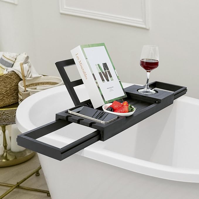 Utoplike Bamboo Bathtub Tray Black, Adjustable Bath Caddy Table for Tub, Bathroom Organizer with Book Tablet Wine Glass Cup Towel Holder - Bloomnest