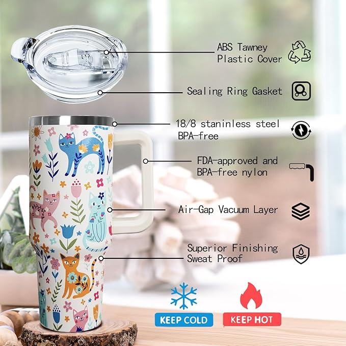 Ceovfoi 40 Oz Cat Tumbler With Handle, Coffee Travel Mug Cup Water Bottle, Cat Decor, Gifts for Women - Bloomnest