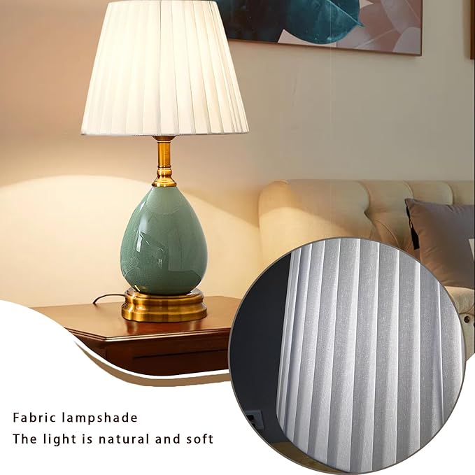 Large Table Light 3 Color Adjustable Ceramic Lamp Vintage Nightstand Lamps Dimmable Bedside Table Lamps for Living Room Bedroom Home Office (Green Fabric lampshade) - Bloomnest