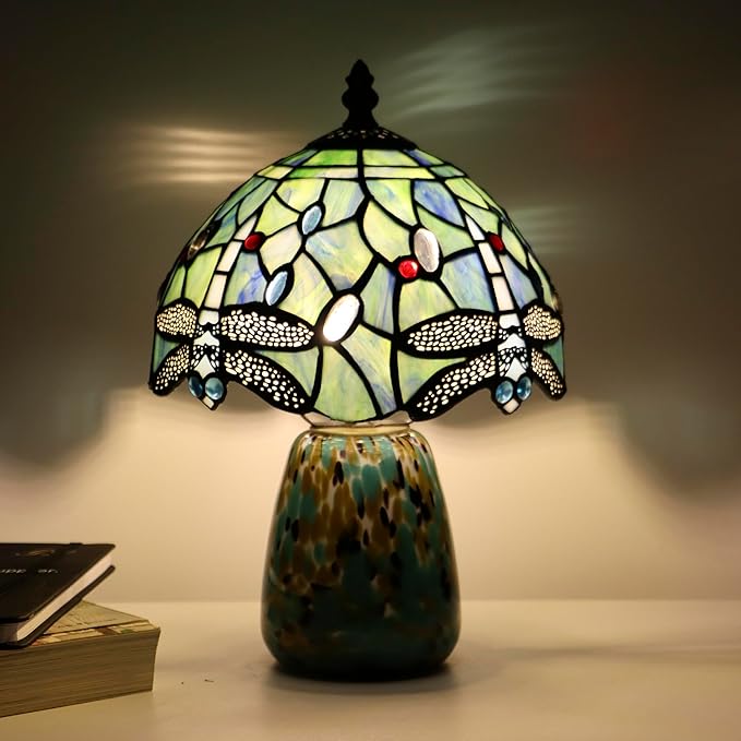 Tiffany Mushroom Table Lamp Dragonfly Style Sea Blue Stained Glass Accent Lamp Brown Blue Glass Base 8X8X12 Inch - Bloomnest