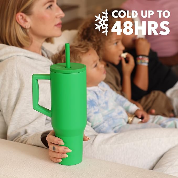 Elemental 40 oz Tumbler with Handle and Straw - Spill Proof Insulated Stainless Steel Commuter for Hot and Cold Beverages - Travel Coffee Mug with 2 Straws & Spill Proof Lid - 40oz - Green - Bloomnest