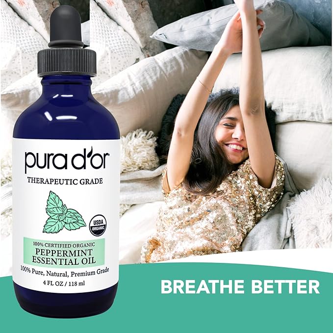 PURA D'OR Organic Peppermint Essential Oil (4oz with Glass Dropper) 100% Pure & Natural Therapeutic Grade - Hair, Body, Skin, Aromatherapy Diffuser, Massage, Refreshens, Energy, Mood, Home, DIY Soap - Bloomnest