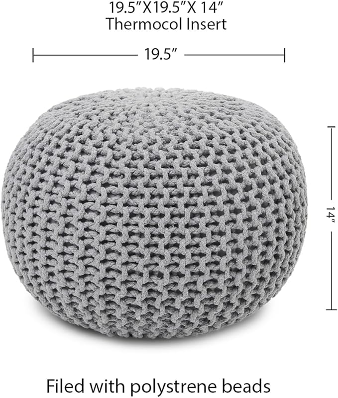 REDEARTH Round Boho Pouf Ottoman - Cable Knitted Cord Boho Pouffe - Stuffed Poof Accent Beanbag Footrest for Living Room - Nursery - Bedroom - Covered Patio - Study Nook (19.5"x19.5"x14") - Gray - Bloomnest