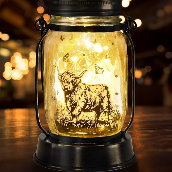Highland Cow Gifts for Women/Men Highland Cattle Lovers Solar Lantern Mom Birthday, Mothers Day, Christmas Gifts, Solar Cow Garden Decoration Outside for Yard, Patio,Backyard,Porch, Torches - Bloomnest