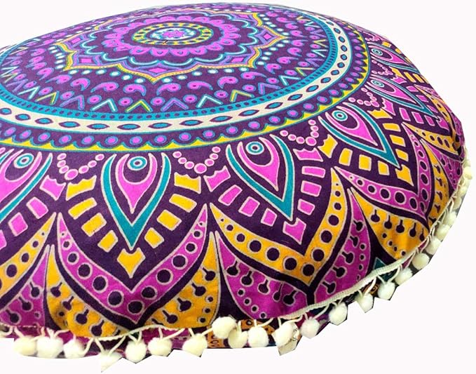 INDIAN CRAFT CASTLE New Pink Ombre 24" Mandala Barmeri Large Floor Pillow Cover Cushion Meditation Seating Ottoman Throw Cover Hippie Decorative Zipped Bohemian Pouf Ottoman Pom Pom Cases 24" Round - Bloomnest