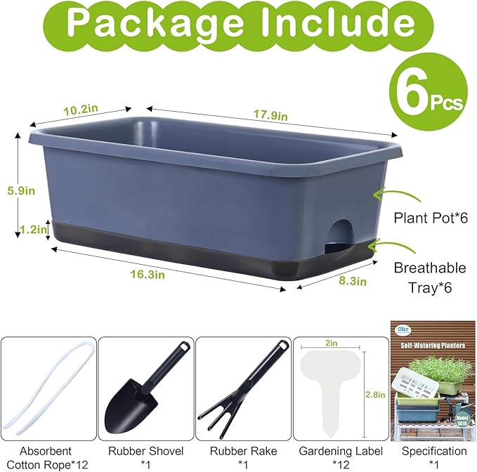 Window Box Planter 6 Pcs, 18 Inches Rectangle Flower Pots with Drainage Holes and Trays, Vegetable Planters for Windowsill Patio Garden Balcony Home Porch Yard Indoor Outdoor (Grey, 18*10*6 inch) - Bloomnest