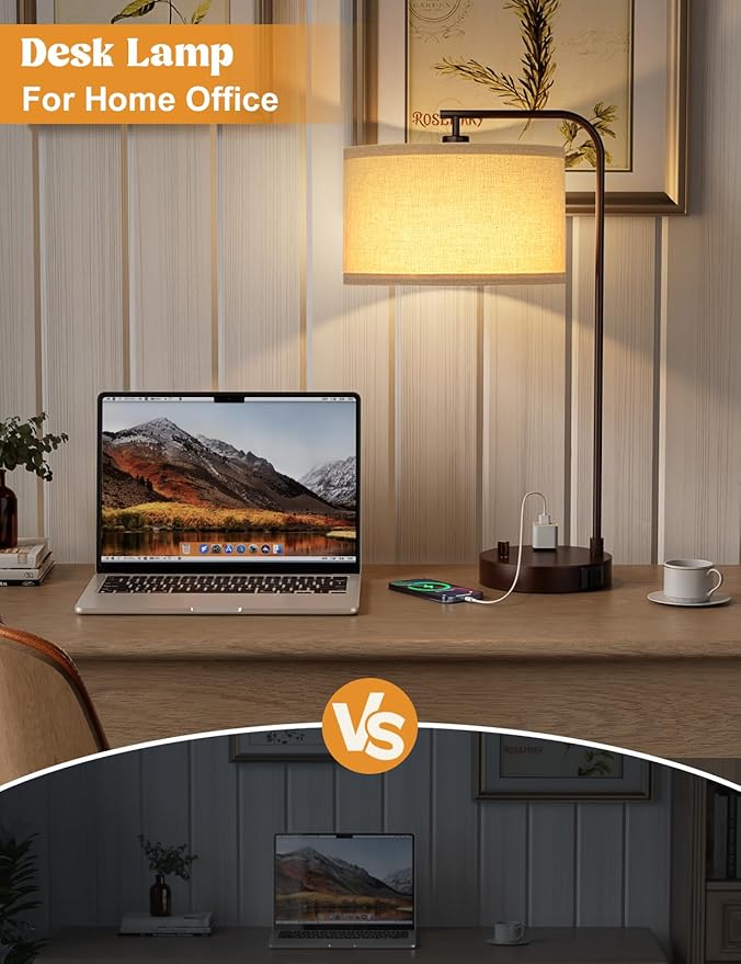 Brown Side Table Lamp with USB Port and Outlet, Dimmable Nightstand Bedside Lamps with Linen Lampshade, Desk Lamp for Bedroom, Living Room, Guest Room, Home Office, LED Bulb Included - Bloomnest