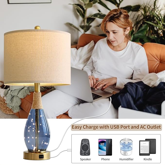 OYEARS 23" Table Lamps for Living Room Set of 2 Bedside Lamps for Night Stands Bedroom Lamps Farmhouse Rattan Boho Lamp Glass Nightlight End Table Lamp with USB C+A (Blue),Two Light Points - Bloomnest