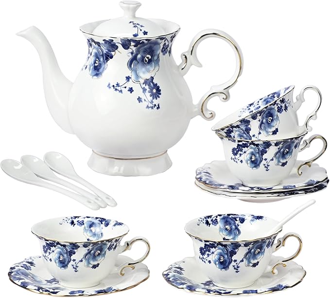 Bone China Tea Set for Adults, 13-Piece Blue and White Porcelain Tea Set for 4, Vintage Floral Tea Set With Teapot and Teaspoons, Tea Party Sets for Women Gift (Blue) - Bloomnest
