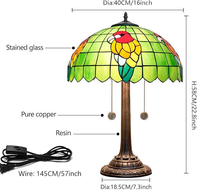 Tiffany Table Lamp Green Stained Glass Parrot Style Bedside Lamp 16X16X23 Inches Desk Decor Light Classic Farmhouse Reading Table Lamps for Home Office - Bloomnest