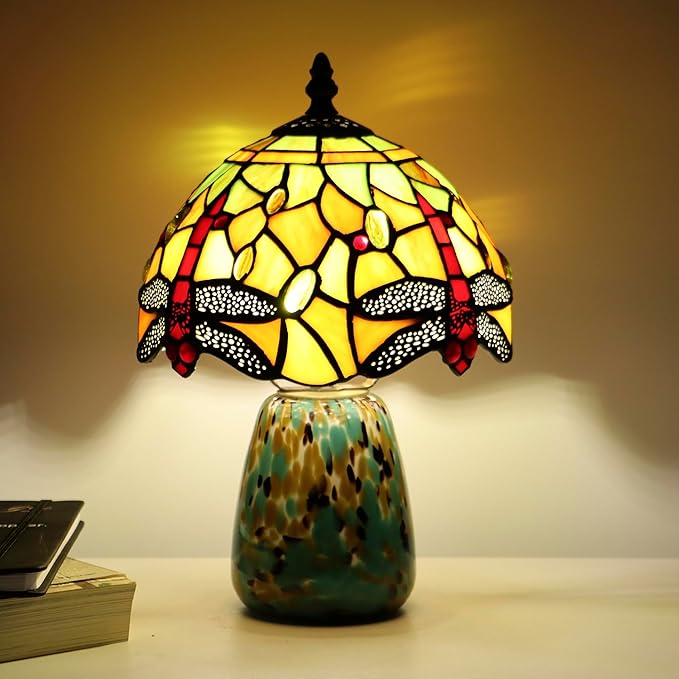 Tiffany Mushroom Table Lamp Dragonfly Style Yellow Stained Glass Accent Lamp Brown Blue Glass Base 8X8X12 Inch - Bloomnest